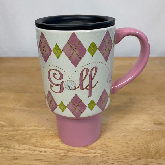 Lang Golf On The Go Ceramic Pink Argyle Coffee Mug - Picture 3 of 13